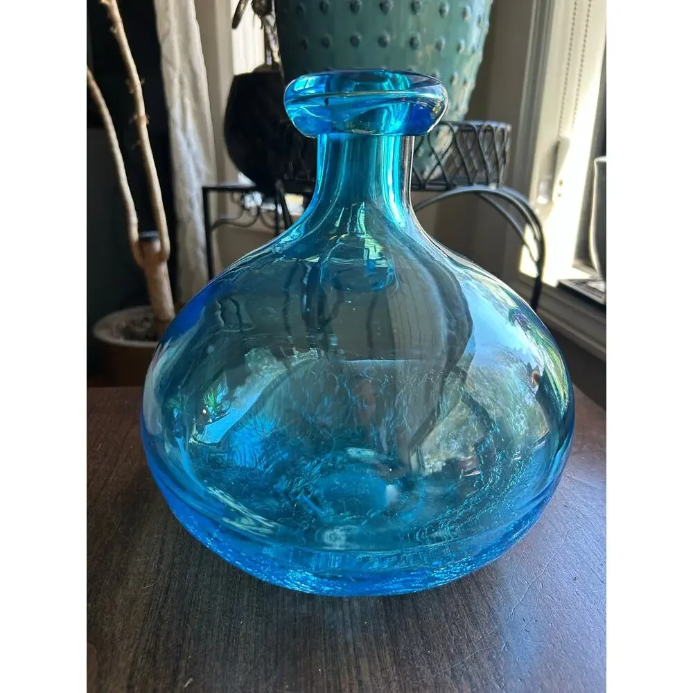 LARGE Blue Demijohn Studio Blown Glass bottle Crackled Bottom Polished Pontil